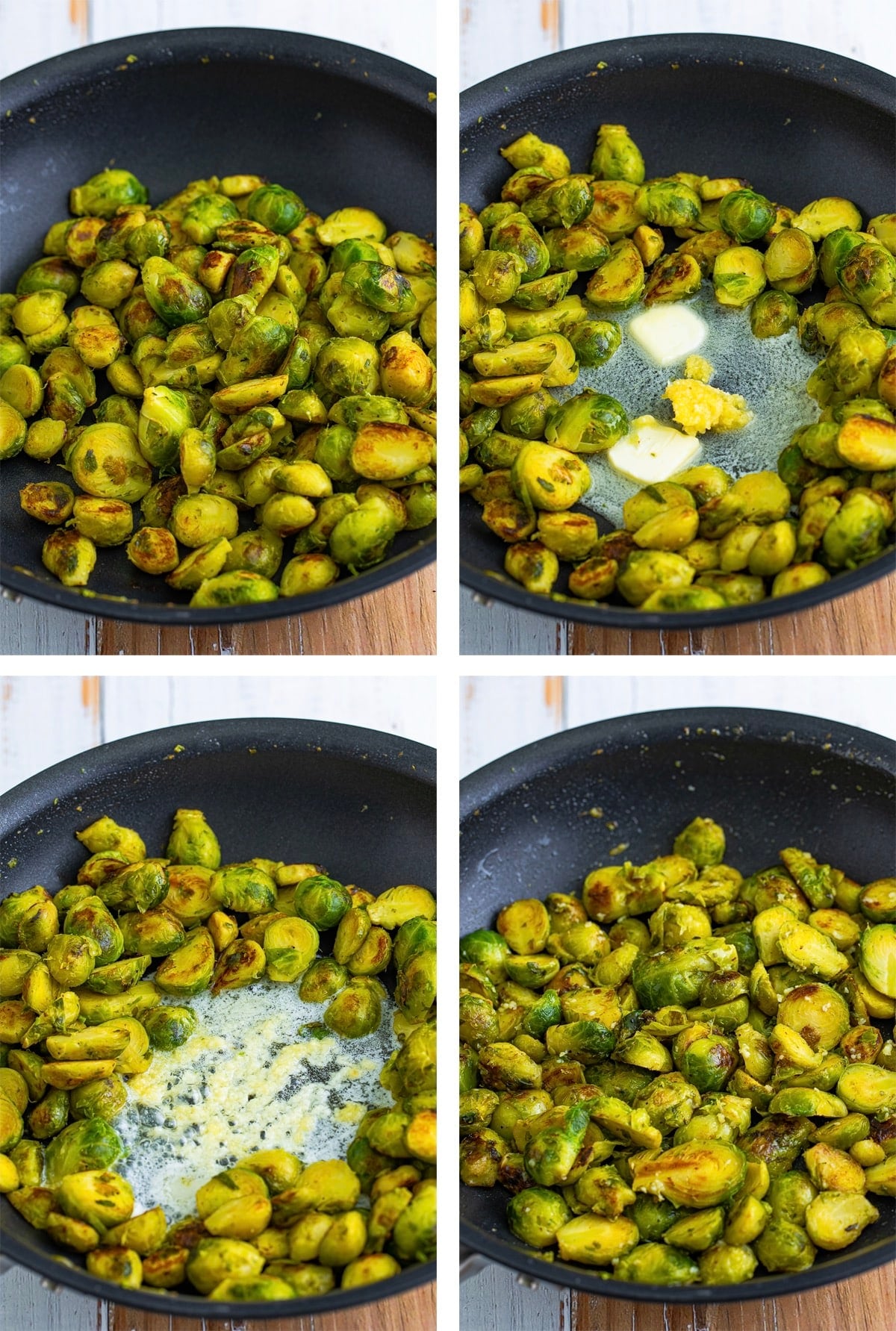 collage of images showing how to make Brussels Sprouts in a Pan