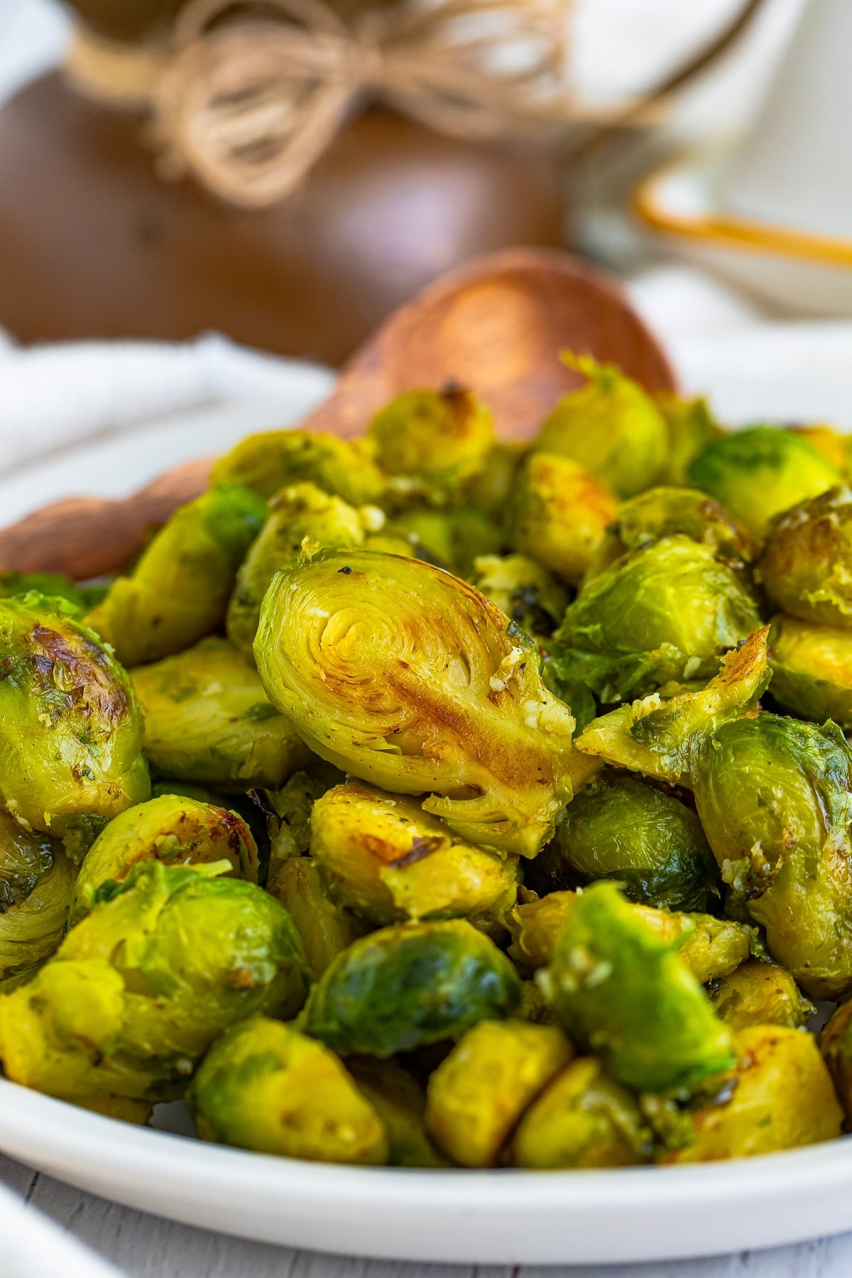 up close image of cooked Brussels Sprouts in a Pan on a plate