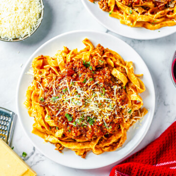Overhead of Meat Sauce Recipe over pasta on plate.