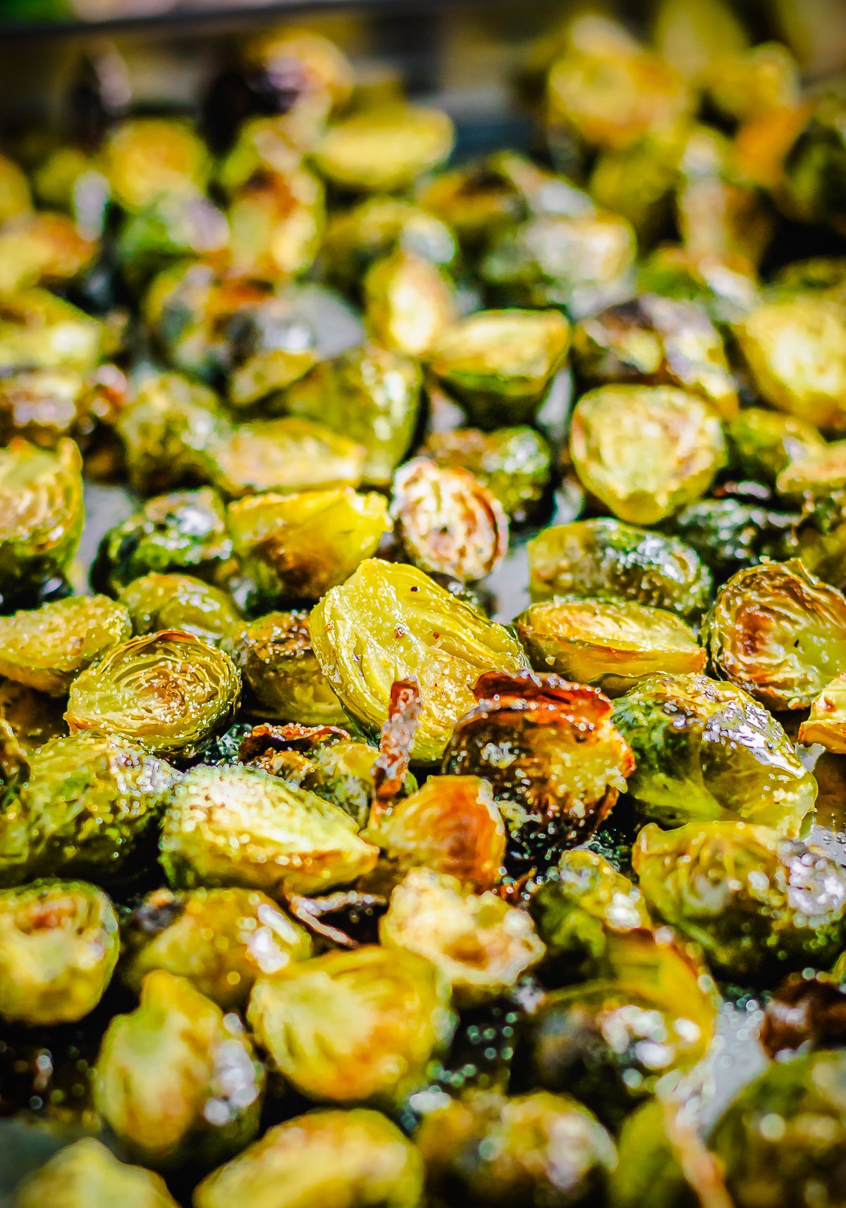 Close up of pan of finished Brussel Sprouts.