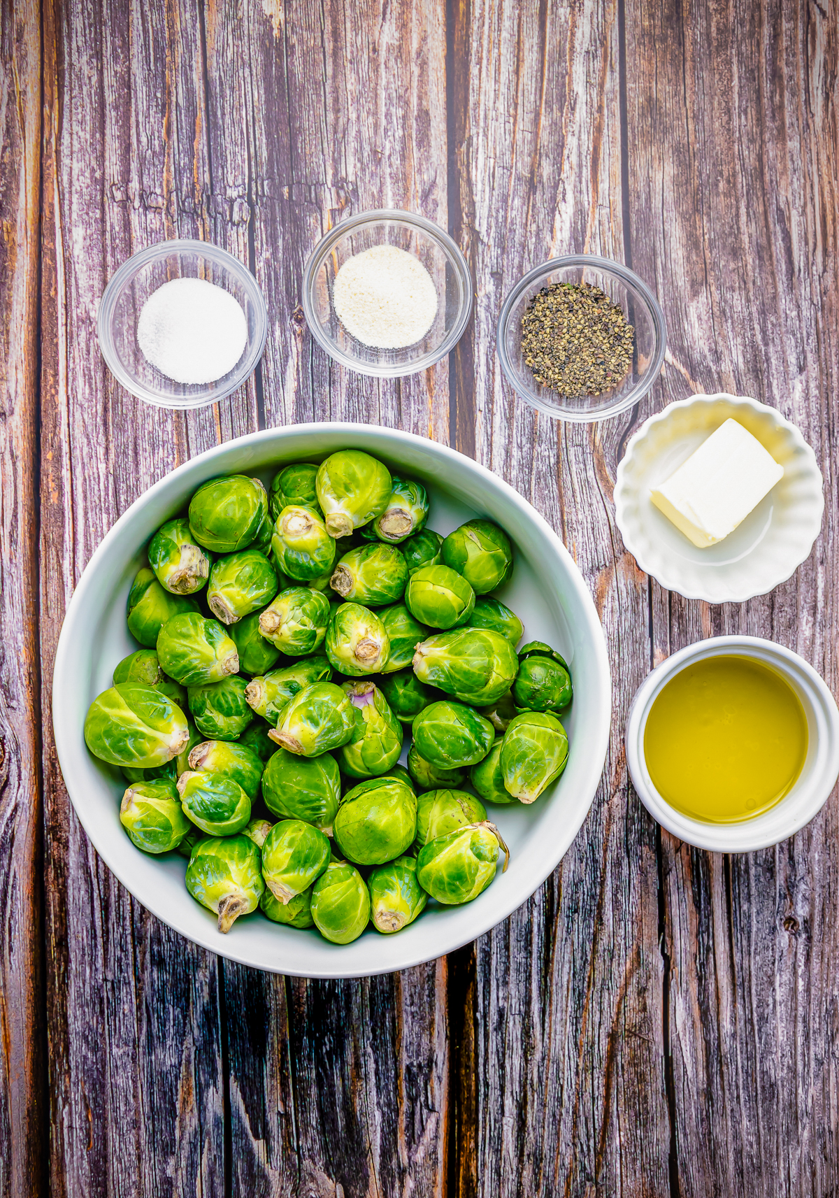 Ingredients needed to make Oven Roasted Brussel Sprouts.