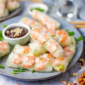 Square image of Salad Rolls layered on plate with dipping sauce