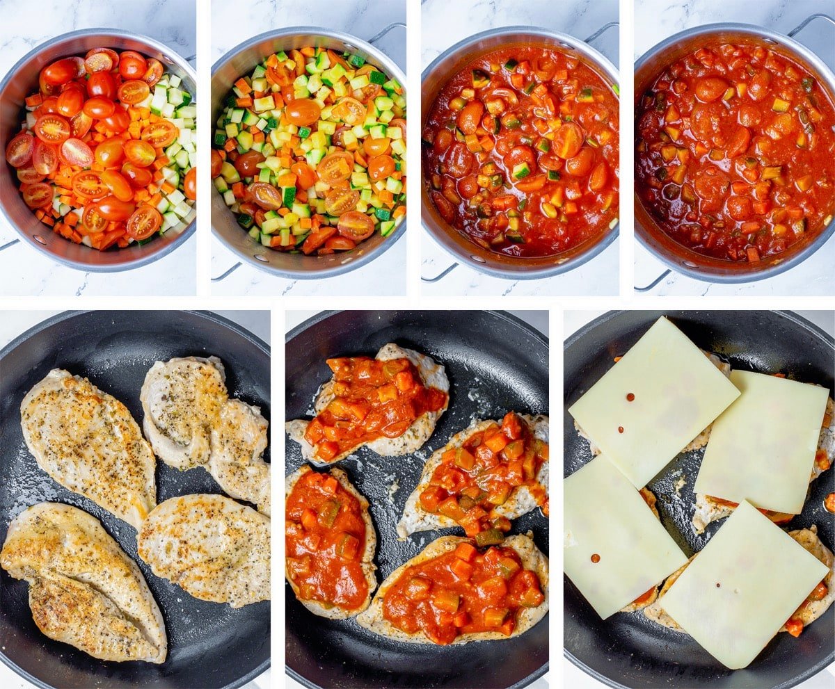 Collage of overhead images showing how to make Healthy Chicken Parmesan on a grey marble tabletop.