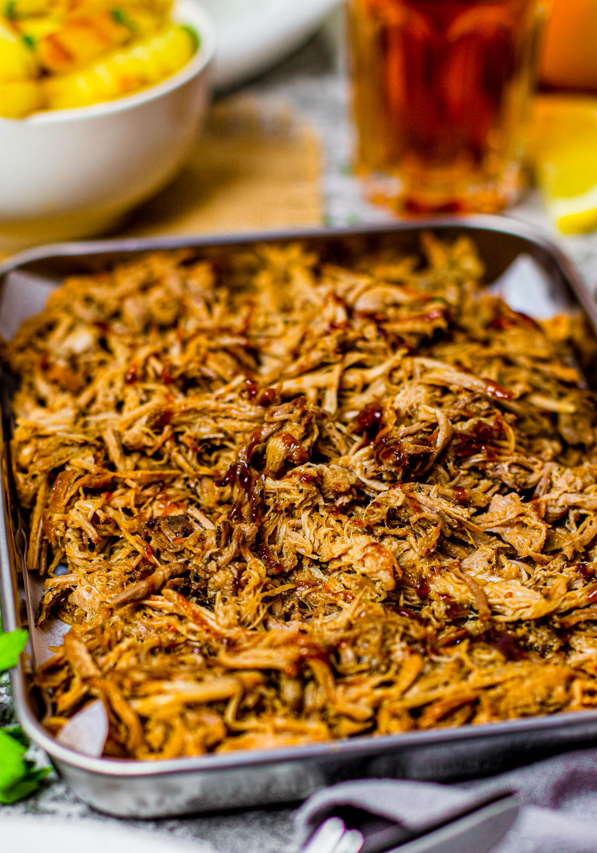 Close up of Pulled Pork on try