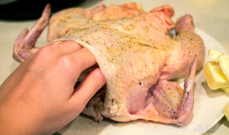 Slow Cooker Roasted Lemon Pepper Chicken, very easy recipe. Comes out amazingly moist and tender! She shows you how to season under the skin and adds butter to keep the chicken basted while cooking. Recipe on https://ThisSillyGirlsLife.com