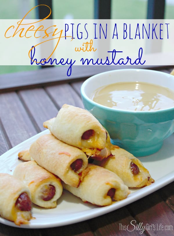 Cheesy Pigs in a Blanket with Honey Mustard, recipe and step-by-step instructions for making cheesy pigs in a blanket AND a homemade honey mustard sauce recipe! Looks amazing! Recipe from https://ThisSillyGirlsLife.com