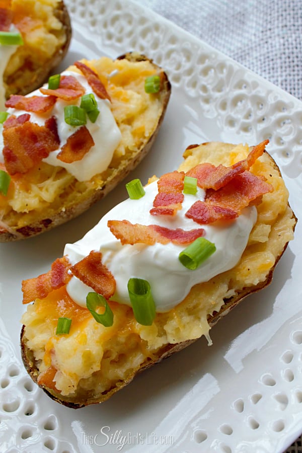 Loaded Twice Baked Potatoes, these are the best potatoes I've ever had! Great for a nice family get together, party or any day of the week! Easy, with step by step instructions, recipe from https://ThisSillyGirlsLife.com