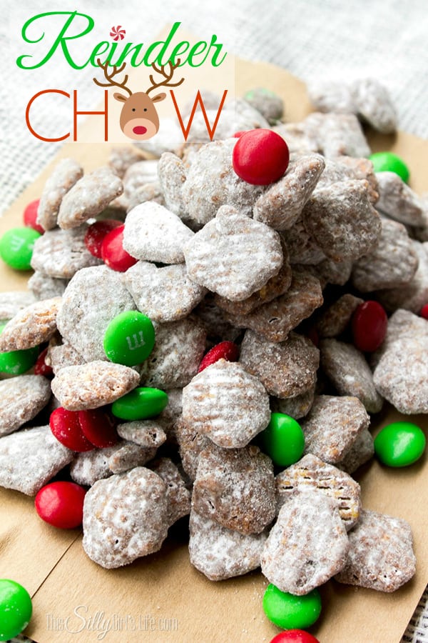 Reindeer Chow, commonly known as muddy buddies but with a fun holiday twist! Chocolate and peanut butter coated crispy cereal, tossed in powdered sugar. Seriously the best snack ever!