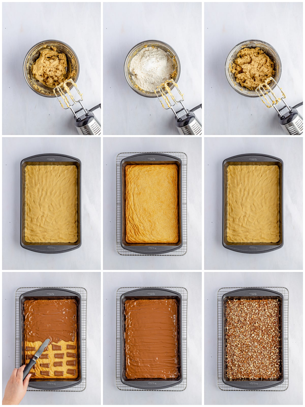 Step by step photos on how to make Chocolate Toffee Pecan Bars.