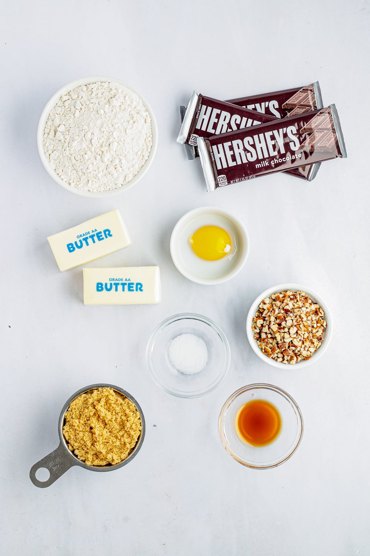 Ingredients needed to make Chocolate Toffee Pecan Bars.