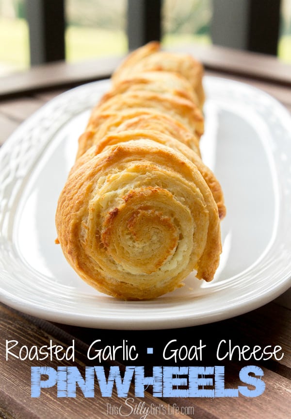 Roasted Garlic Goat Cheese Pinwheels, super easy! Great for an appetizer or to pair with any meal!