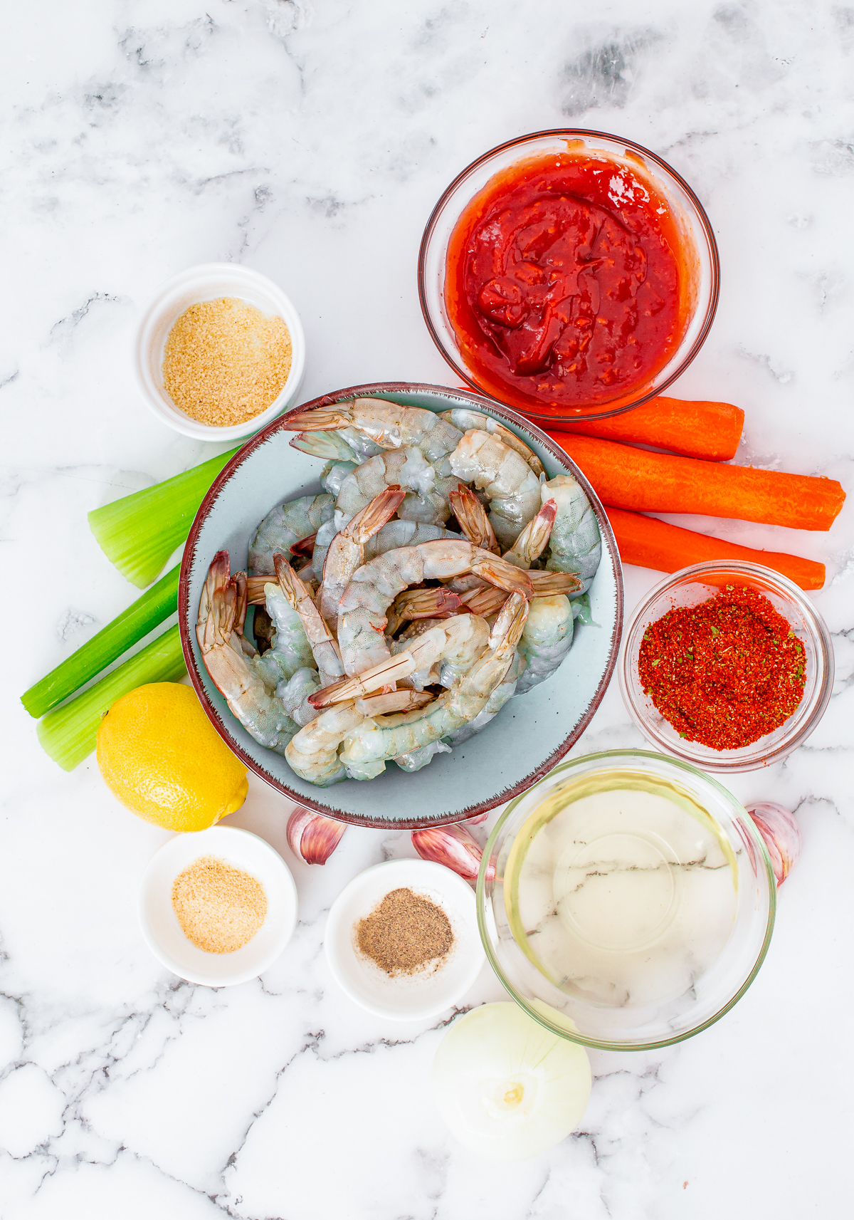 Ingredients needed to make a Shrimp Cocktail Recipe.