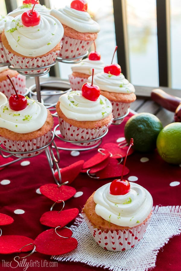 Cherry Limeade Cupcakes, maraschino cherry cake with lime whipped frosting. UGH, so good!