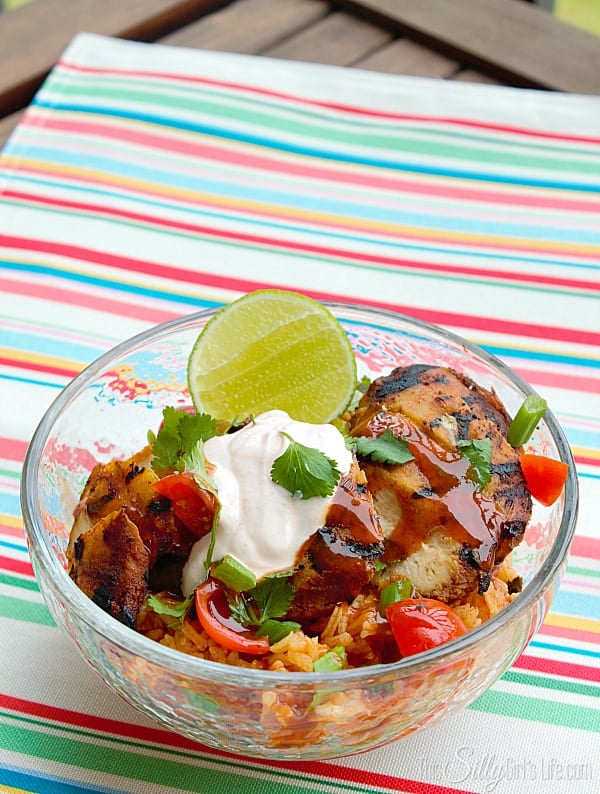 Tex Mex Grilled Chicken Rice Bowl, recipe for Spanish style rice as well! So yummy!