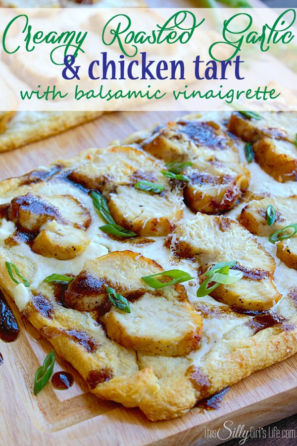 Creamy Roasted Garlic and Chicken Tart with Balsamic Vinaigrette, another simple recipe using crescent roll dough! This one looks super fancy though, great for appetizers, dinner party or weeknight meal!