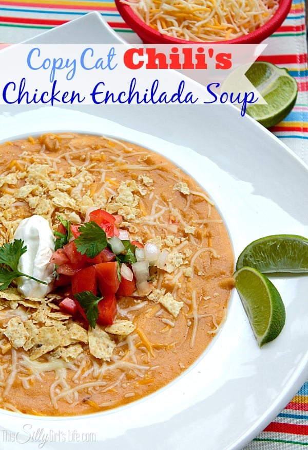 CopyCat Chili's Chicken Enchilada Soup, thick and hearty with big chunks of chicken!