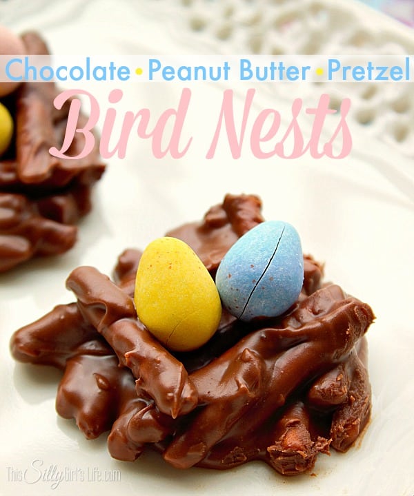 Bird Nests {Chocolate Peanut Butter Pretzels} Cute bundles topped with mini eggs, perfect for Spring or Easter!