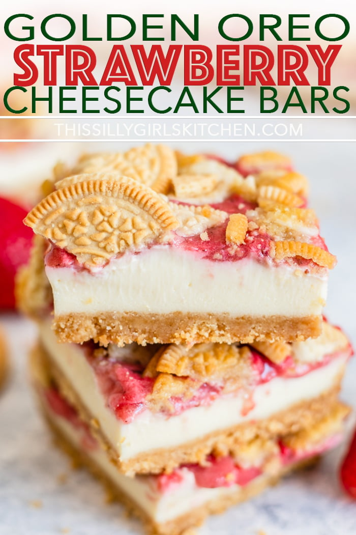 Stacked Cheesecake Bars with Title on Photo