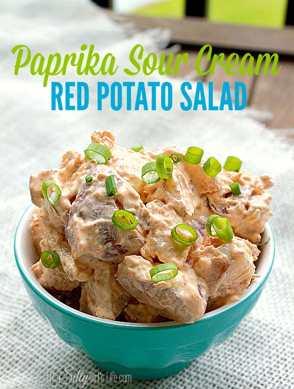 Paprika Sour Cream Red Potato Salad, cool and creamy, with hints of dill, paprika and topped with fresh green onions, yummy!