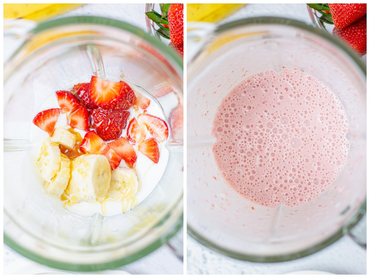 Step by step photos on how to make a Strawberry Banana Smoothie Recipe