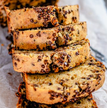 Close up of slices of the Chocolate Chip Banana Bread Recipe.