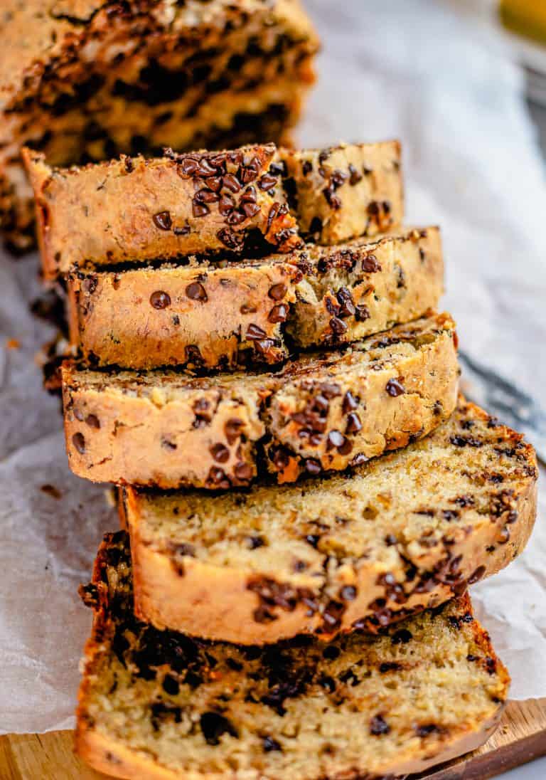Close up of slices of the Chocolate Chip Banana Bread Recipe.