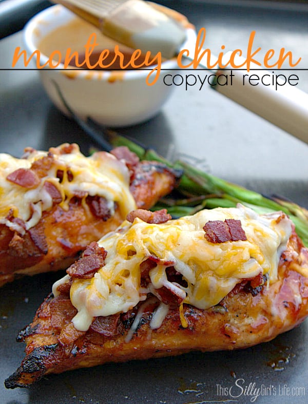 Monterey Chicken {Copycat Recipe}, grilled chicken basted in Honey BBQ sauce and piled high with bacon and melty cheese!