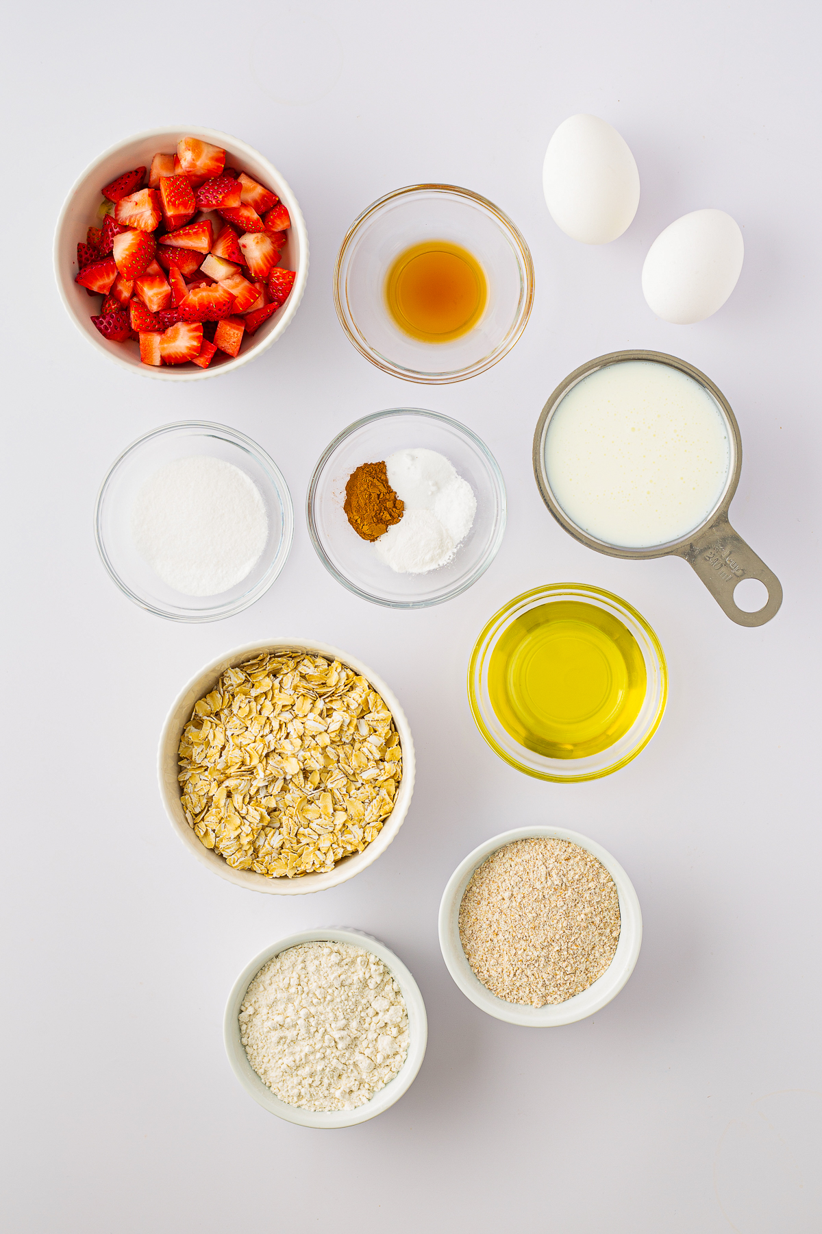 Ingredients needed to make Strawberry Oatmeal Pancakes.