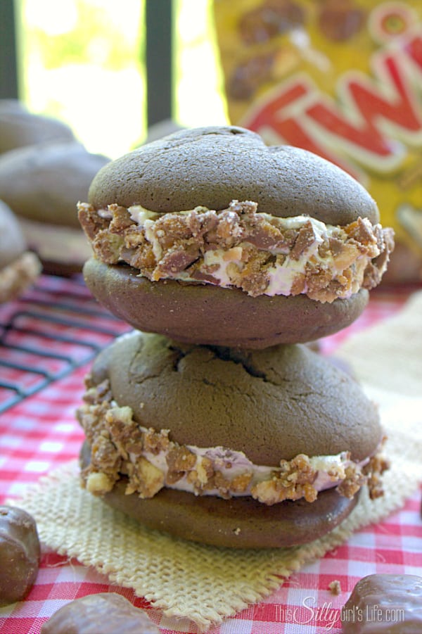 TWIX® Whoopie Pies, soft, cake like cookies filled with marshmallow fluff filling and rolled in TWIX® candy crumbs, yum!! #EatMoreBites #shop 
