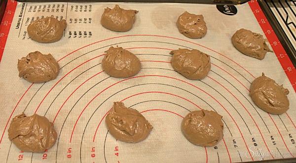 Place tablespoon sized dollops on to parchment or silicone lined baking sheets. 