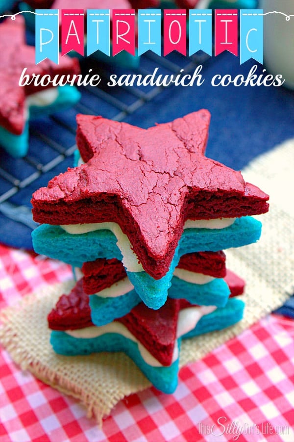 Patriotic Brownie Sandwich Cookies, decadent cream cheese frosting sandwiched between blue and red velvet brownies!