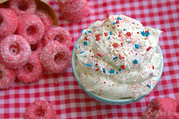 Mini Baked Doughnuts with Funfetti Dip, mini strawberry baked doughnuts with light as air vanilla buttercream funfetti dip.
