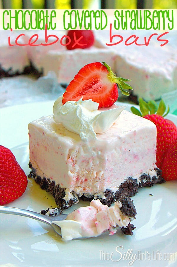 Chocolate Covered Strawberry Icebox Bars, fresh strawberry puree mixed with cream cheese, poured over crushed oreos and frozen for a perfect summer dessert!