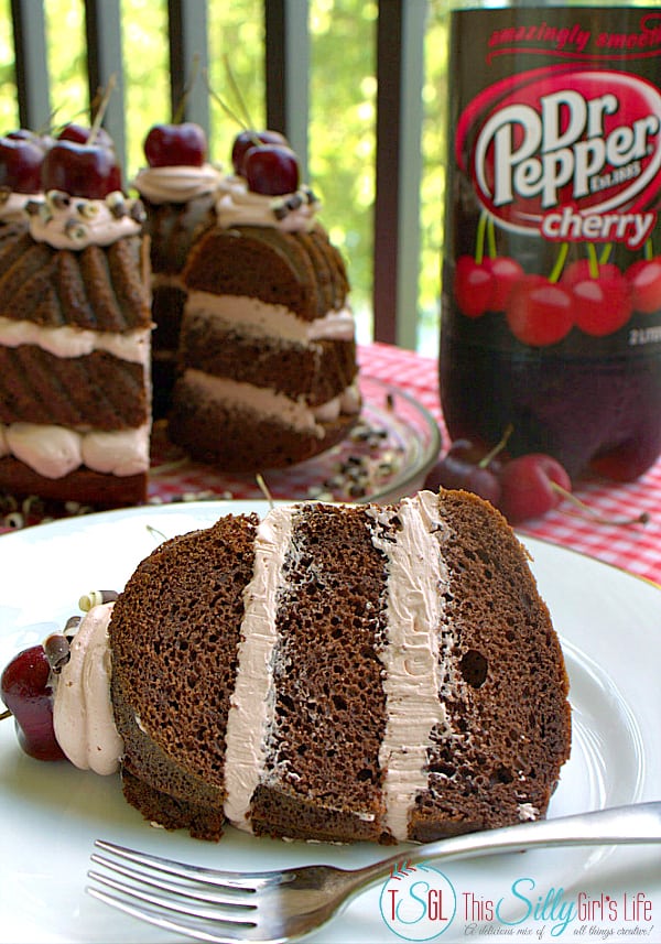 Dr. Pepper Black Forest Cake, layers of chocolate cake and buttercream flavored with Dr. Pepper Cherry and topped with fresh cherries!  #BackyardBash #shop