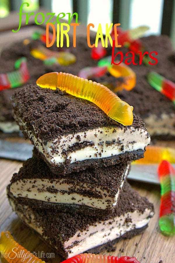 Frozen Dirt Cake Bars, Oreo crumb crust, layers of sweetened cream cheese, more Oreo crumbs and gummi worms, this is sure to be a new household favorite!
