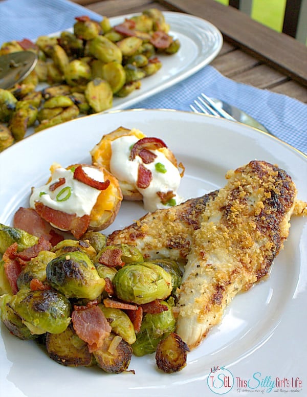 Baked Parmesan Chicken recipe with side dishes, seared Brussels sprouts and twice baked potatoes, the perfect budget meal! #RollIntoSavings #shop
