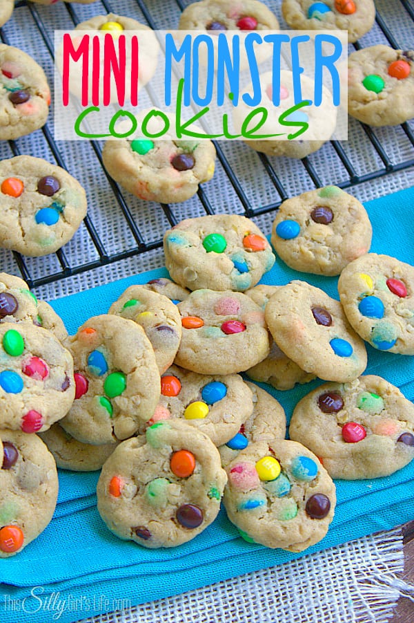 Mini Monster Cookies: Peanut butter cookie base loaded with mini m&m's and oats!