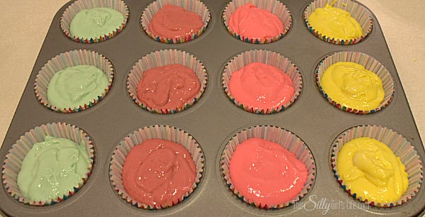 Each color makes 3 cupcakes, with a touch of each batter left over.