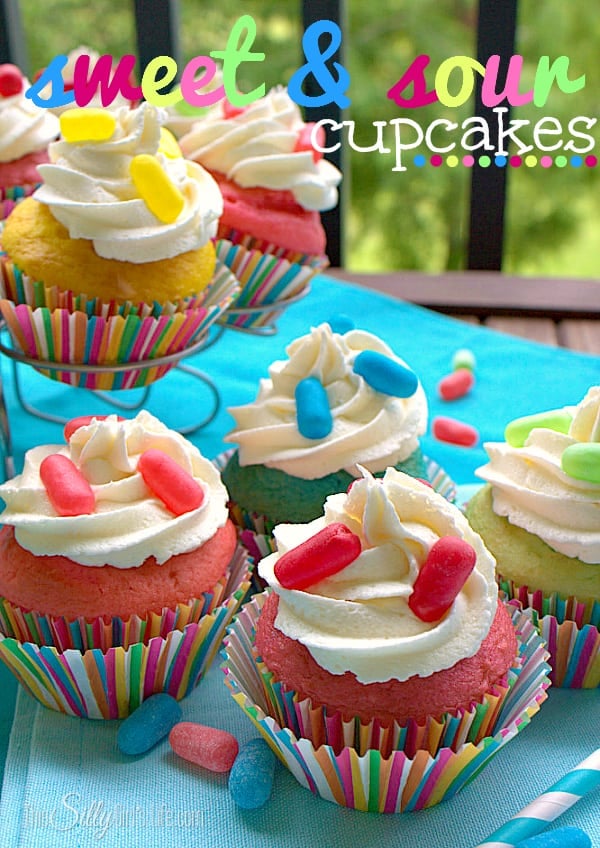Sweet and Sour Cupcakes, colorful vanilla cupcakes, topped with light and fluffy vanilla buttercream and garnished with Zours! #ZoursFace #shop