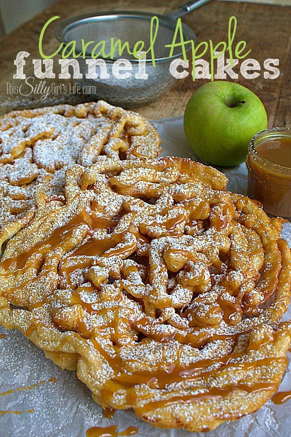 Caramel Apple Funnel Cakes, spiced funnel cake mix loaded with diced apples, dusted with powdered sugar and caramel drizzle! 