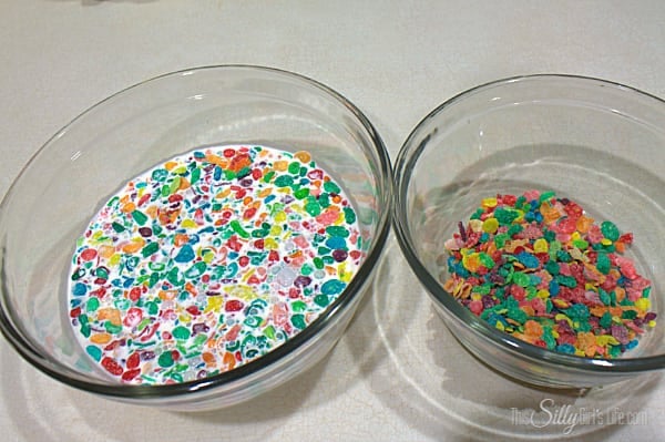 Get two bowls and place 1/2 cup of cereal in each. Pour heavy cream over cereal in first bowl. Let sit until soggy about 5 minutes. Strain cereal into the second bowl with fine mesh colander and with a spatula or the back of a spoon, push out as much of the liquid as possible. Place soggy cereal back into first bowl. 