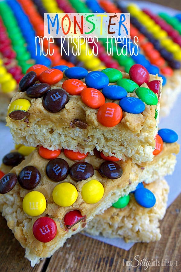 Monster rice krispies treats, rice krispies smeared with peanut butter frosting and a rainbow of M&Ms, so yummy!