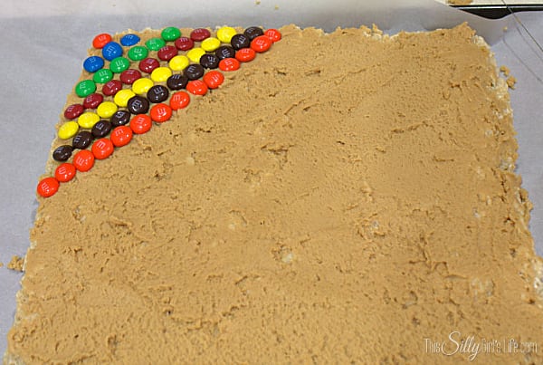 For the rainbow effect, start in one corner and in alternating colors add rows and rows of m&ms.