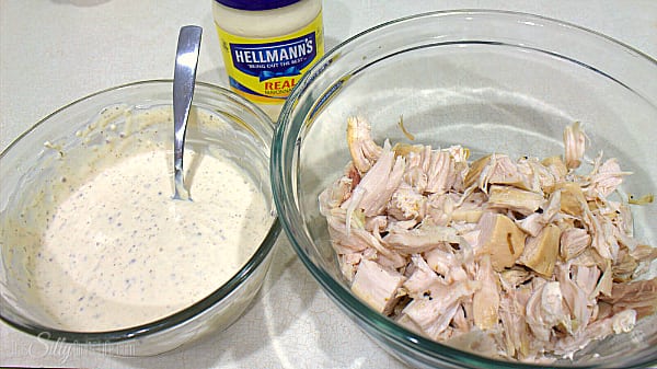 combining all the remaining ingredients and whisking together thoroughly. Add in about half of the dressing with the chicken and fold in so the chicken is coated. Add more dressing to your taste. Any left over dressing can be stored in an air tight container in the fridge, it makes a wonderful salad dressing or potato salad. 