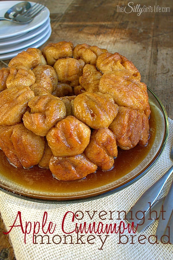 Overnight Apple Cinnamon Monkey Bread, biscuits rolled in cinnamon sugar and stuffed with apples!