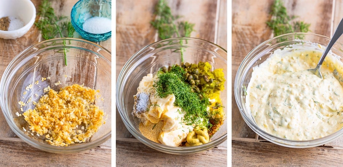 collage of images showing how to make easy tartar sauce