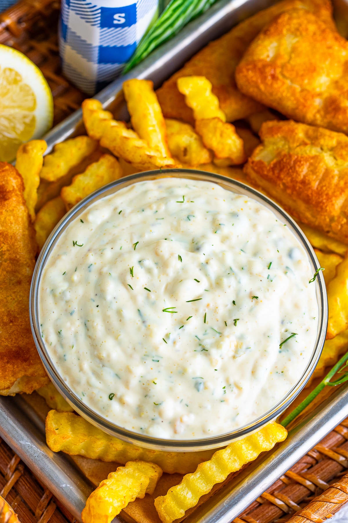 overhead image easy tartar sauce served in a bowl