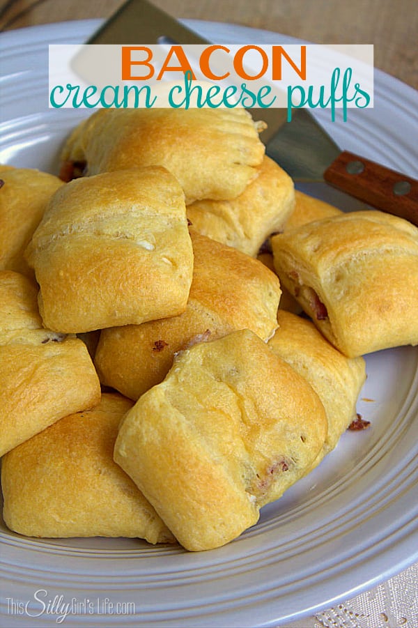Bacon Cream Cheese Puffs, Bacony goodness mixed with flavorful cream cheese baked inside a crescent roll... sign me up! - ThisSillyGirlsLife.com #DGHoliday #ad