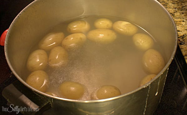 Rinse off potatoes and put into a large stock pot with the water and salt. Boil until fork tender 30-45 minutes. 