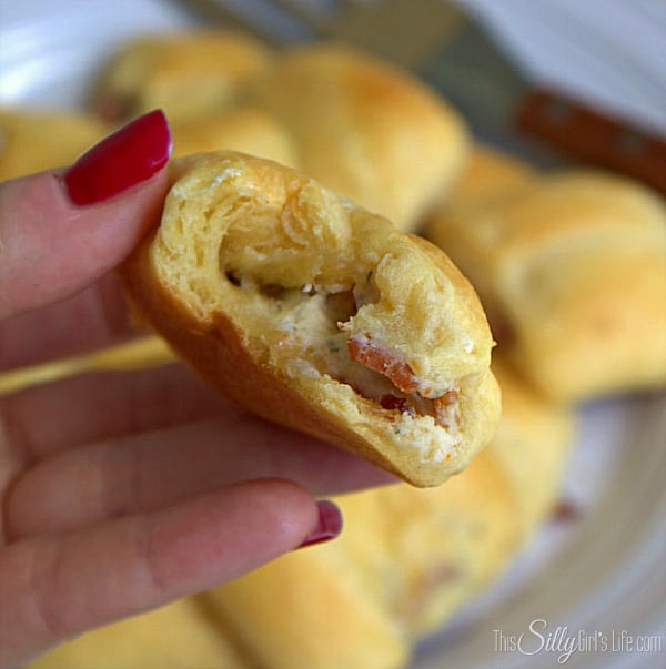Bacon Cream Cheese Puffs, Bacony goodness mixed with flavorful cream cheese baked inside a crescent roll... sign me up! - ThisSillyGirlsLife.com #DGHoliday #ad